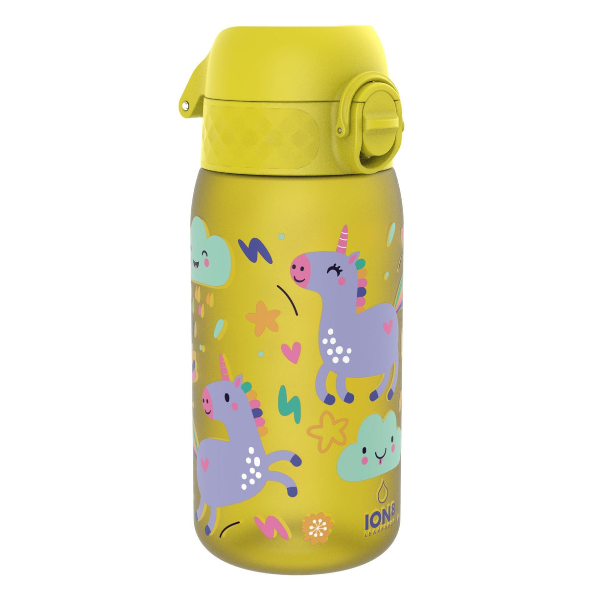 ION8 Leak Proof Kids Water Bottle, Recyclon, Yellow Unicorns, 350ml (12oz)