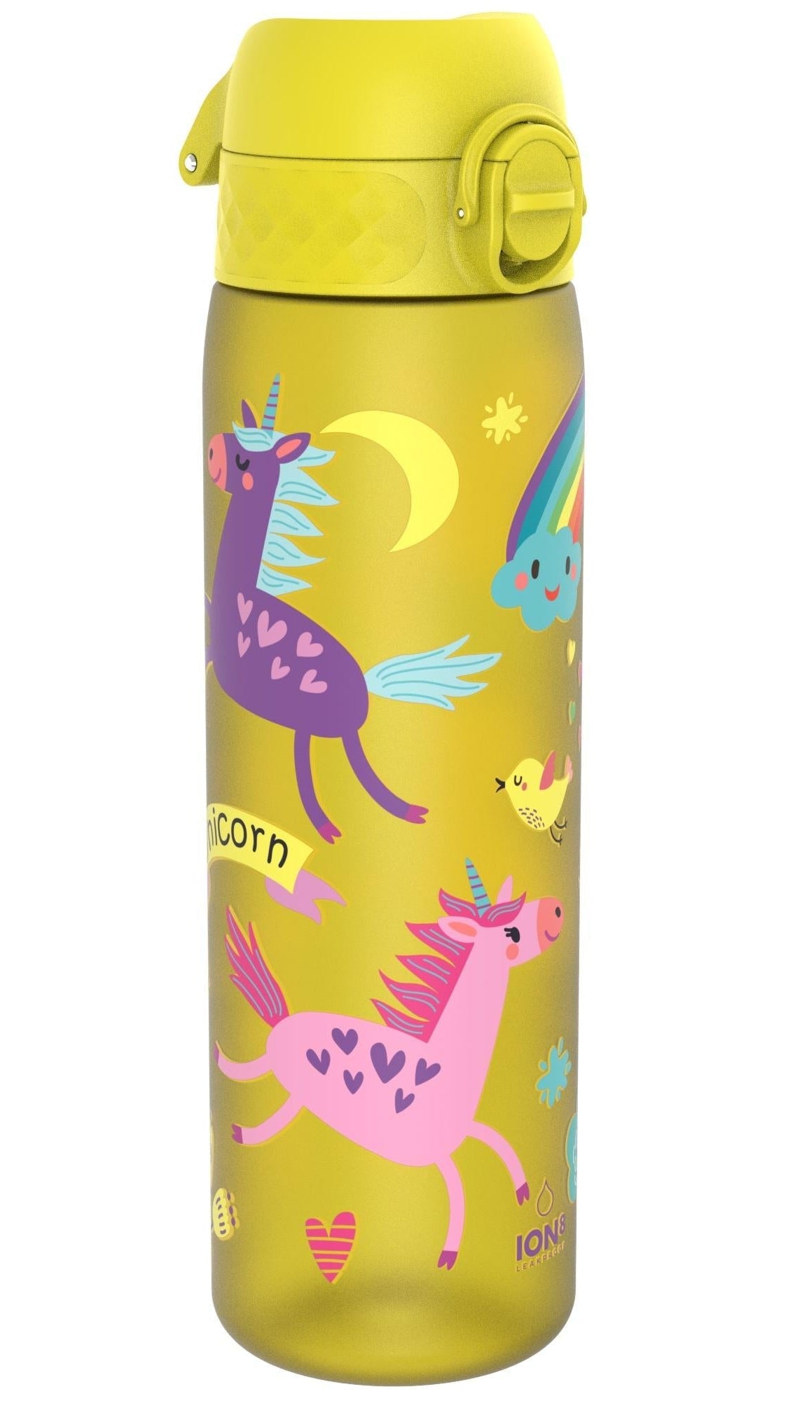 ION8 Leak Proof Slim Water Bottle, Recyclon, Yellow Unicorns, 500ml (18oz)