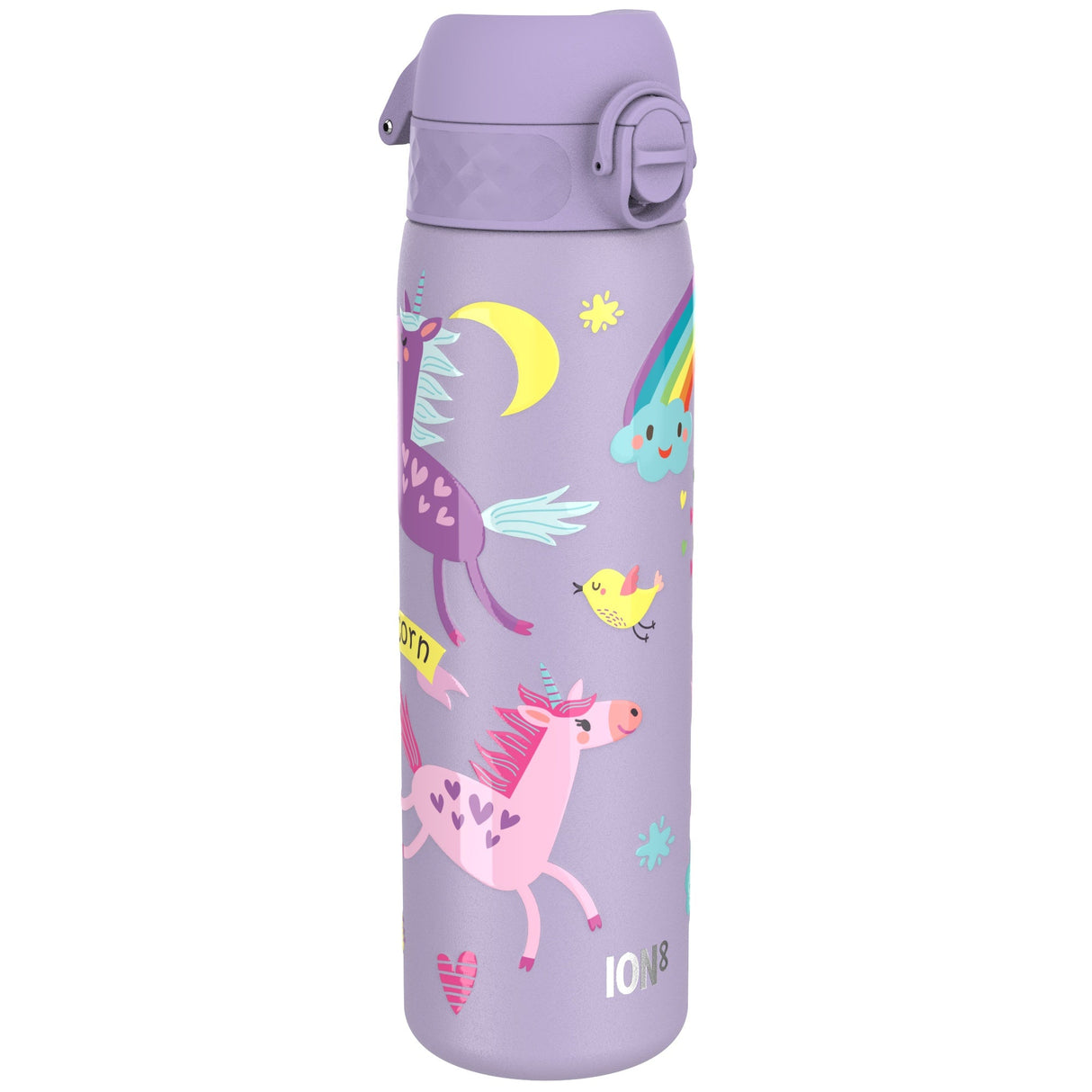 ION8 Leak Proof Slim Water Bottle, Stainless Steel, Purple Unicorns, 600ml (20oz)