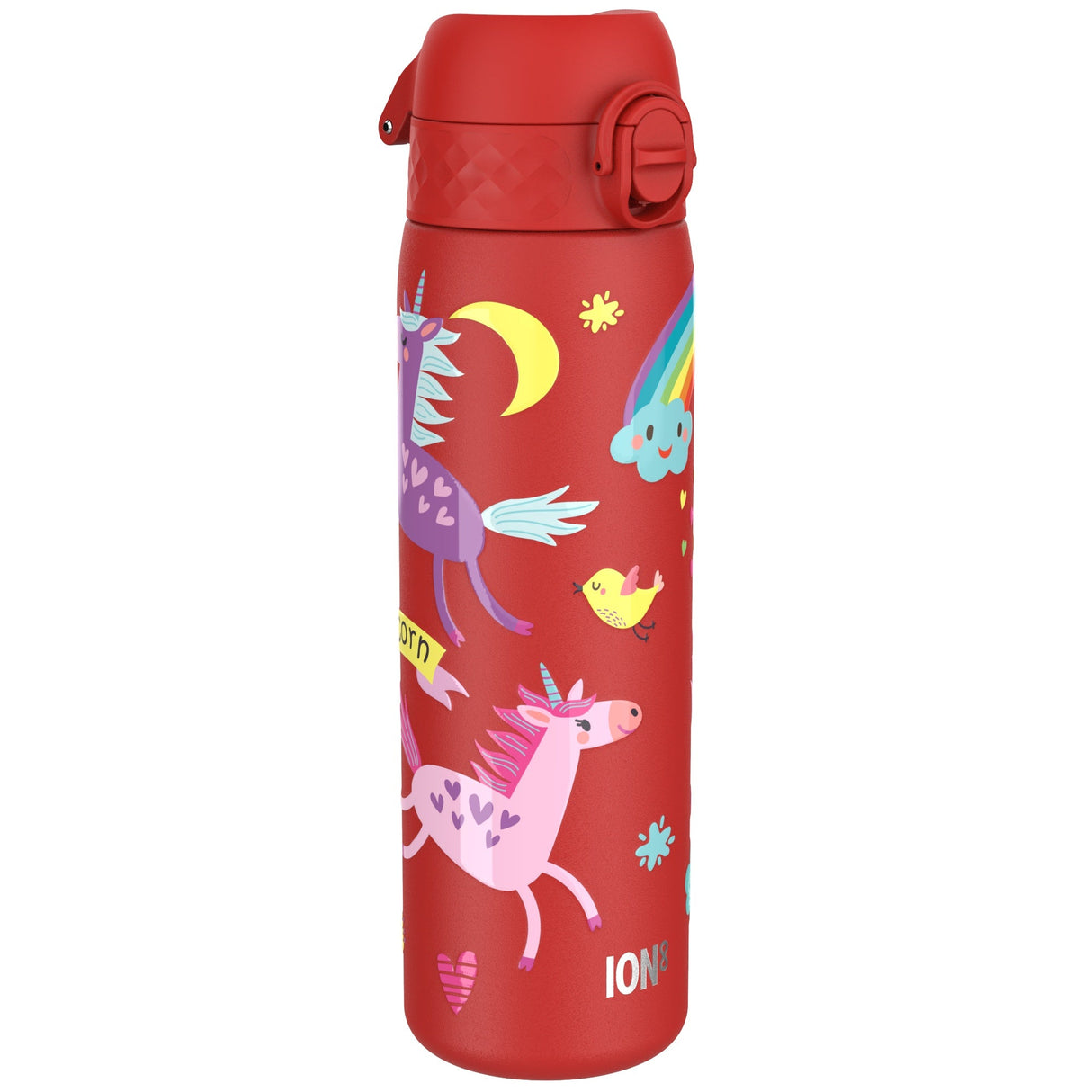 ION8 Leak Proof Slim Water Bottle, Stainless Steel, Red Unicorns, 600ml (20oz)