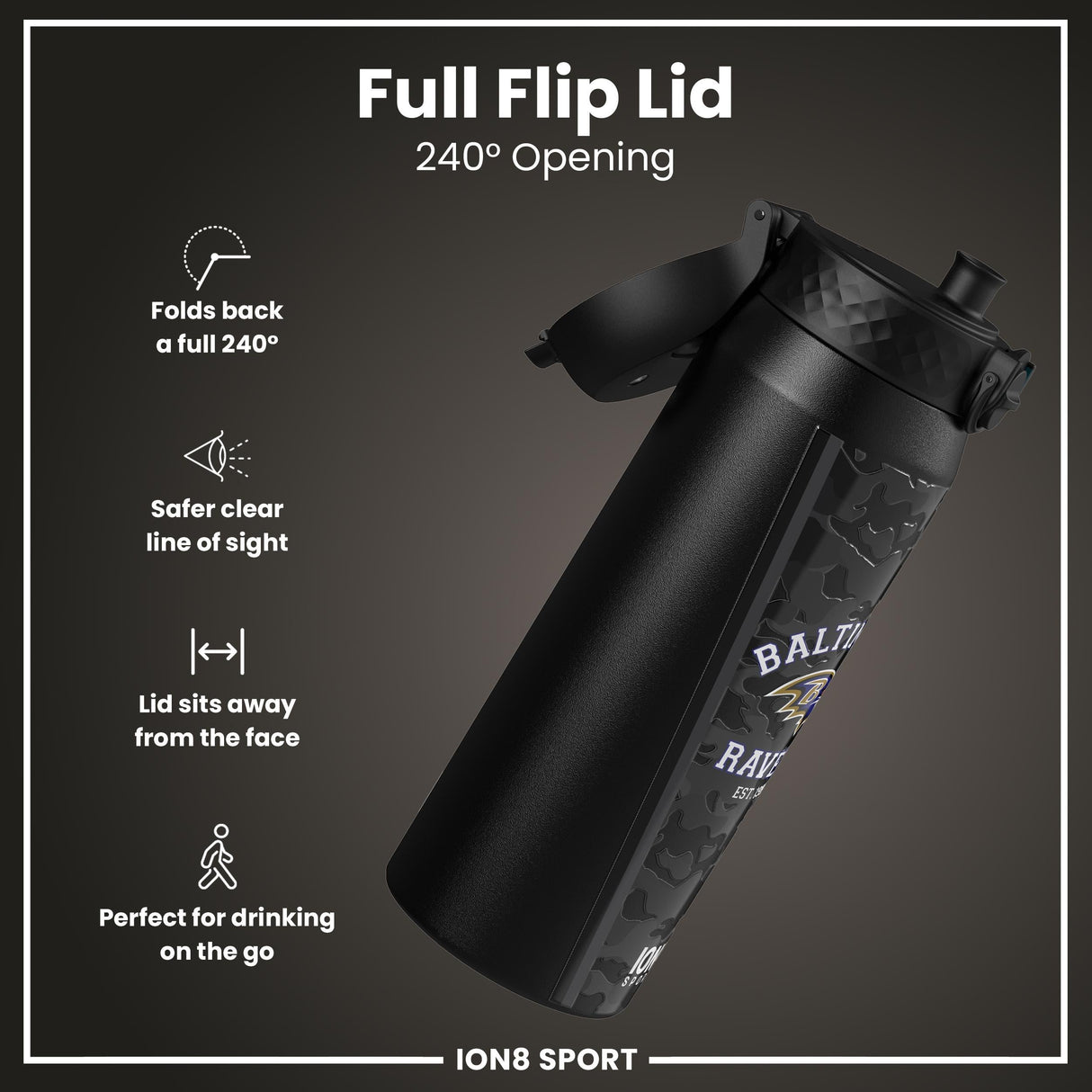 NFL x ION8 Insulated Steel Water Bottle, NFL Ravens, 750ml (24oz)