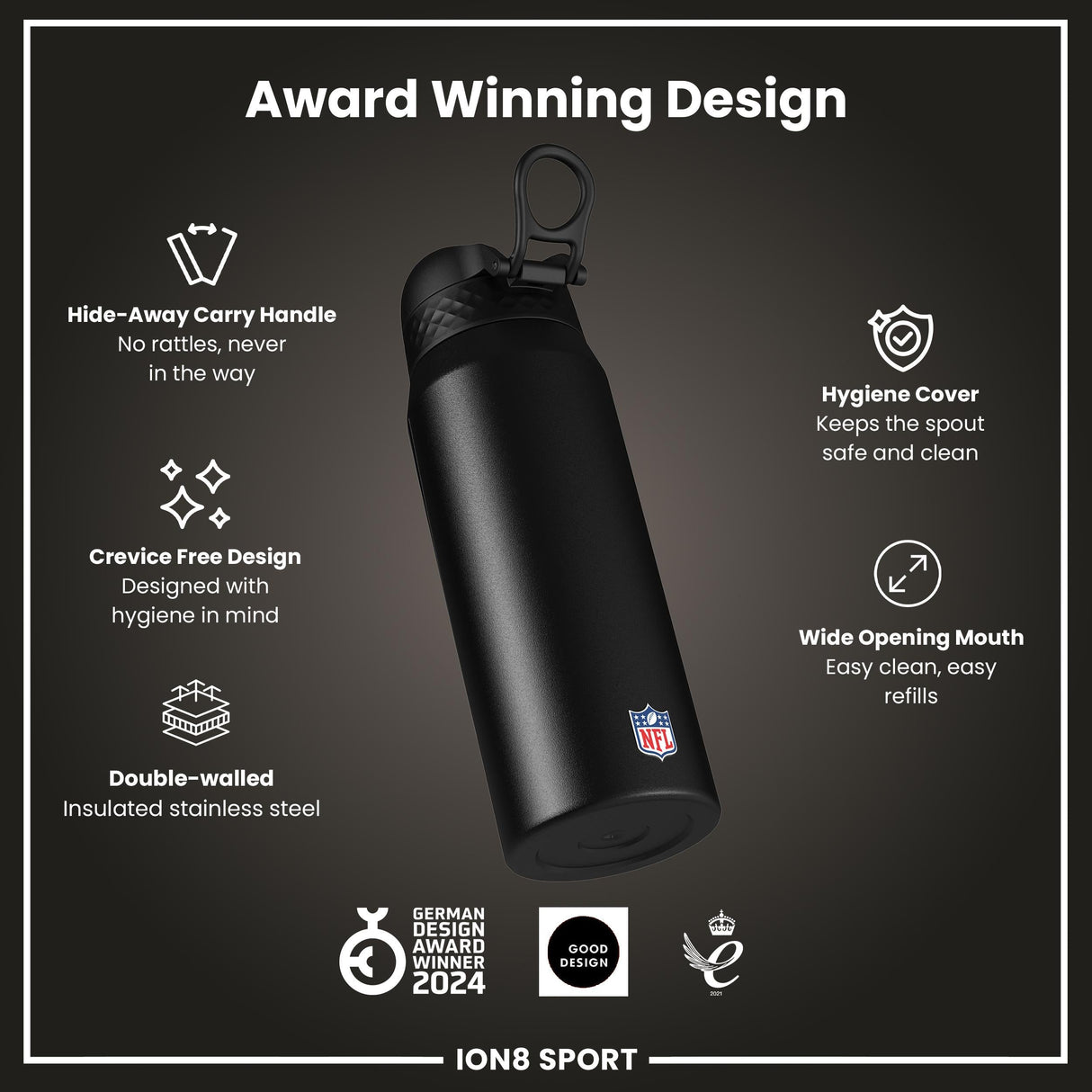 NFL x ION8 Insulated Steel Water Bottle, NFL Broncos, 750ml (24oz)
