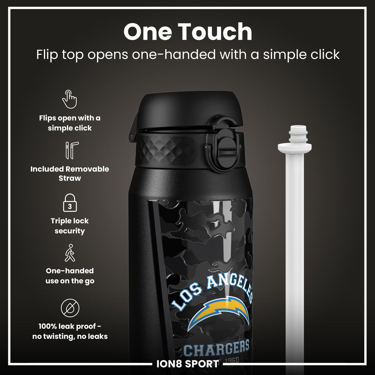 NFL x ION8 Insulated Steel Water Bottle, NFL Chargers, 750ml (24oz)