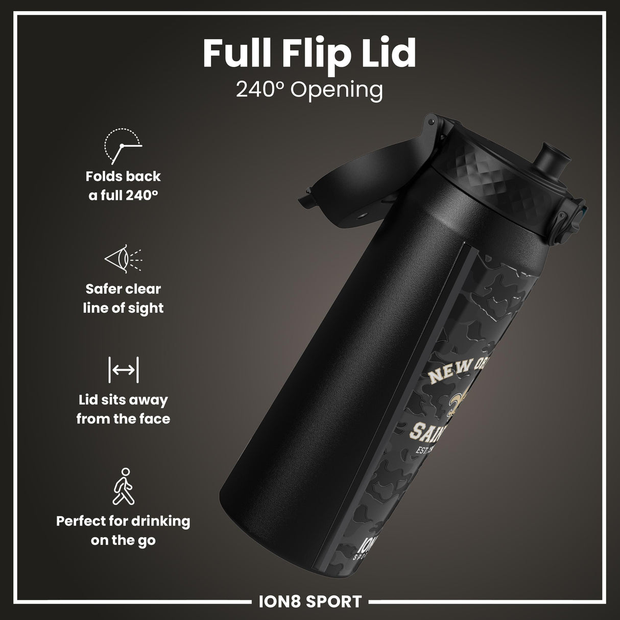 NFL x ION8 Insulated Steel Water Bottle, NFL Saints, 750ml (24oz)