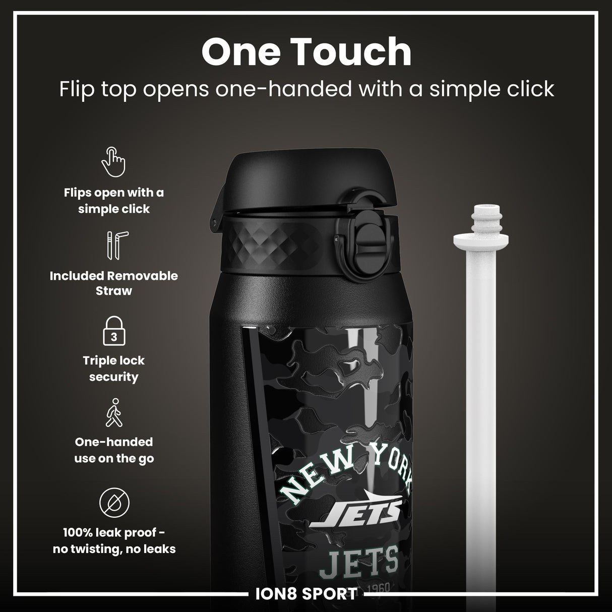NFL x ION8 Insulated Steel Water Bottle, NFL Jets, 750ml (24oz)
