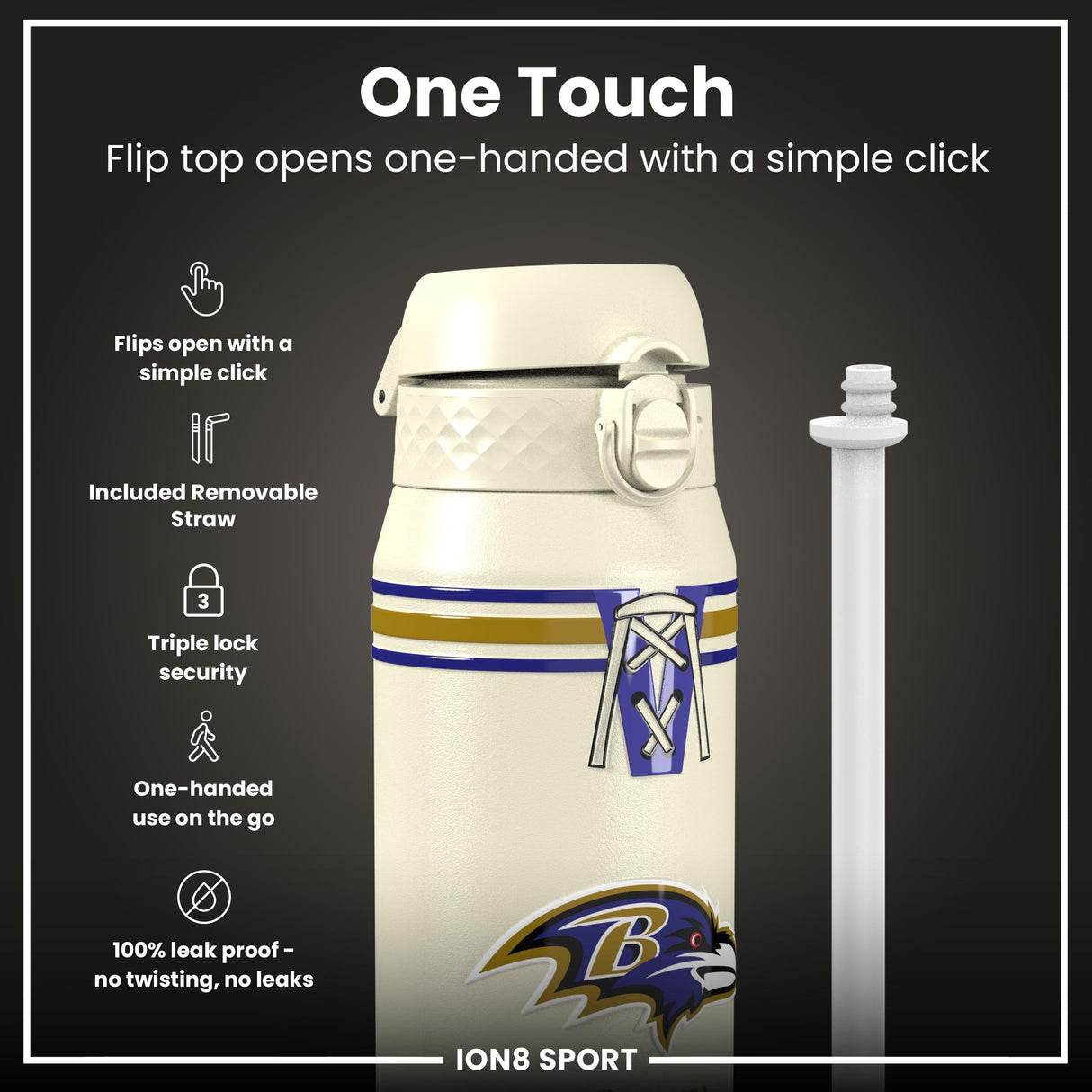 NFL x ION8 Insulated Steel Water Bottle, NFL Ravens, 750ml (24oz)