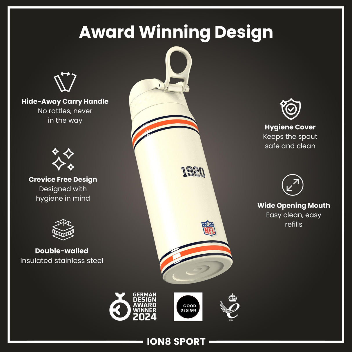 NFL x ION8 Insulated Steel Water Bottle, NFL Bears, 750ml (24oz)