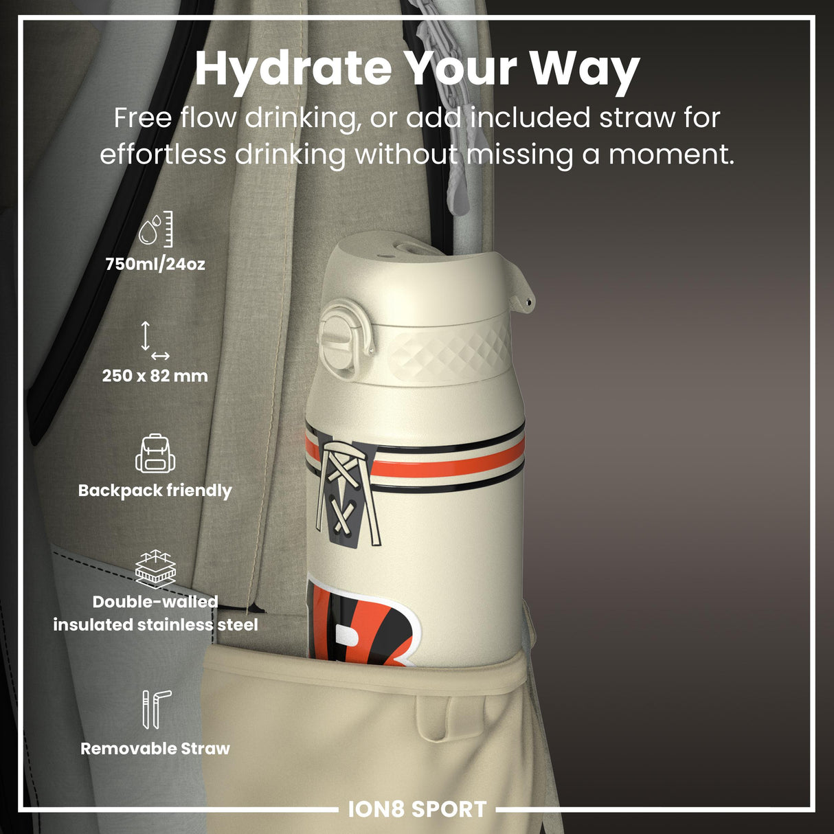 NFL x ION8 Insulated Steel Water Bottle, NFL Bengals, 750ml (24oz)