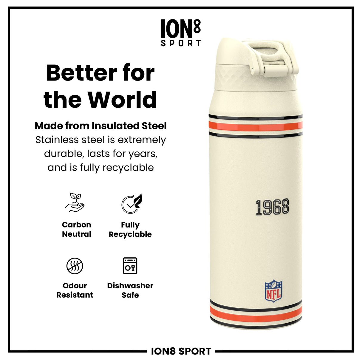 NFL x ION8 Insulated Steel Water Bottle, NFL Bengals, 750ml (24oz)