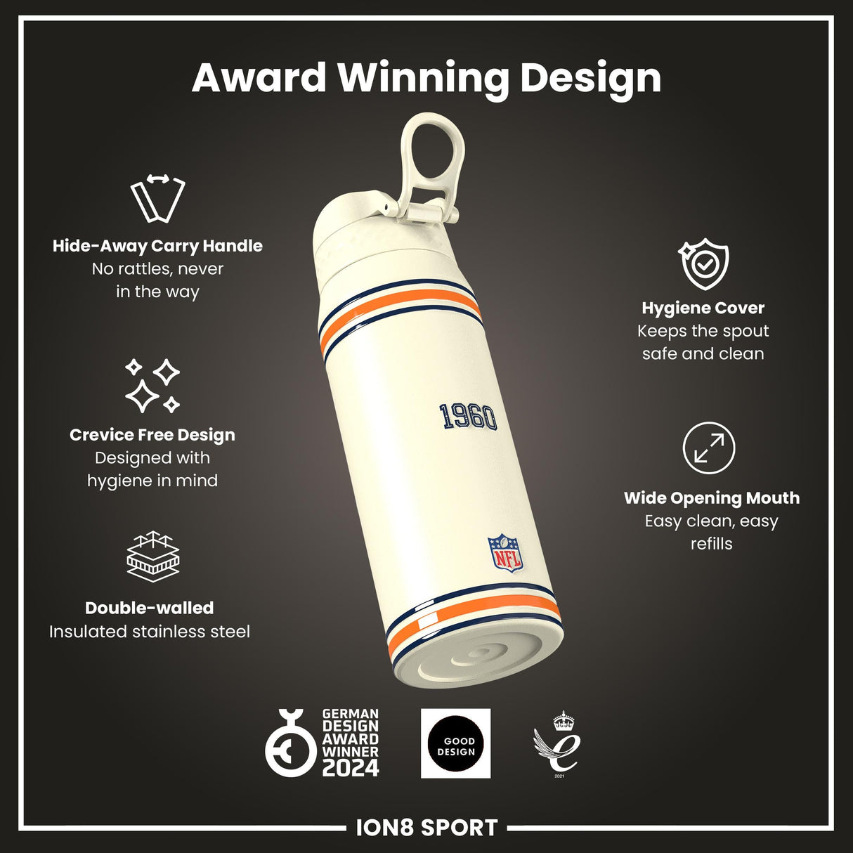 NFL x ION8 Insulated Steel Water Bottle, NFL Cowboys, 750ml (24oz)