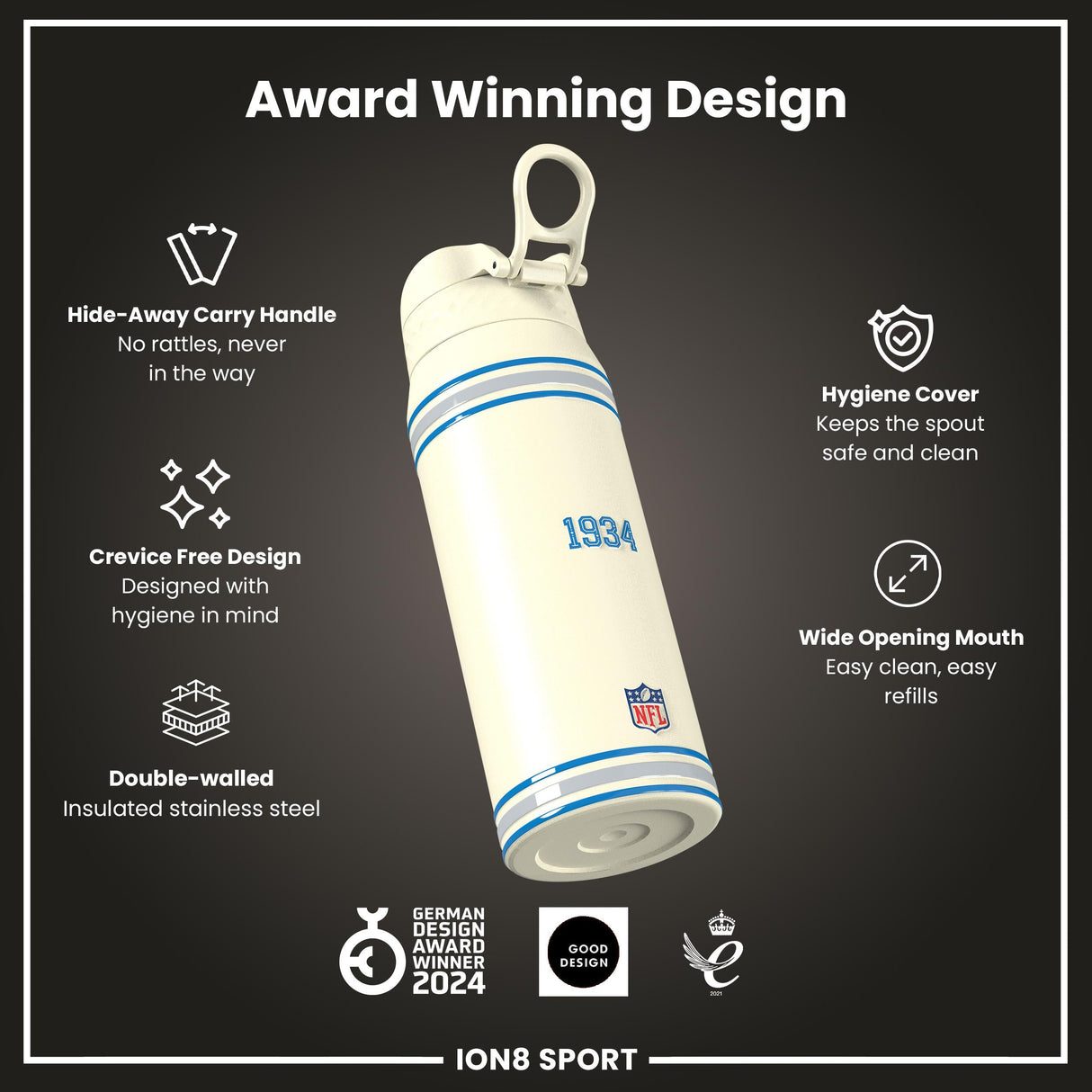 NFL x ION8 Insulated Steel Water Bottle, NFL Lions, 750ml (24oz)
