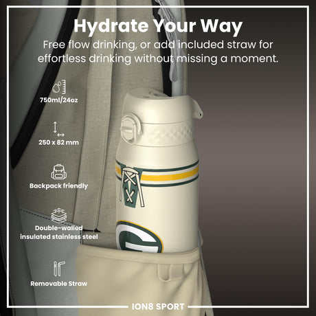 NFL x ION8 Insulated Steel Water Bottle, NFL Packers, 750ml (24oz)