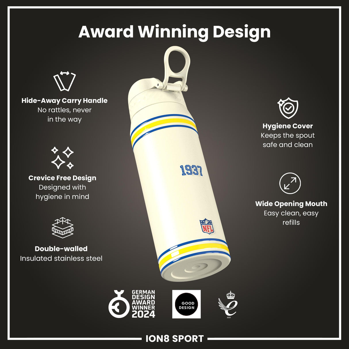 NFL x ION8 Insulated Steel Water Bottle, NFL Rams, 750ml (24oz)