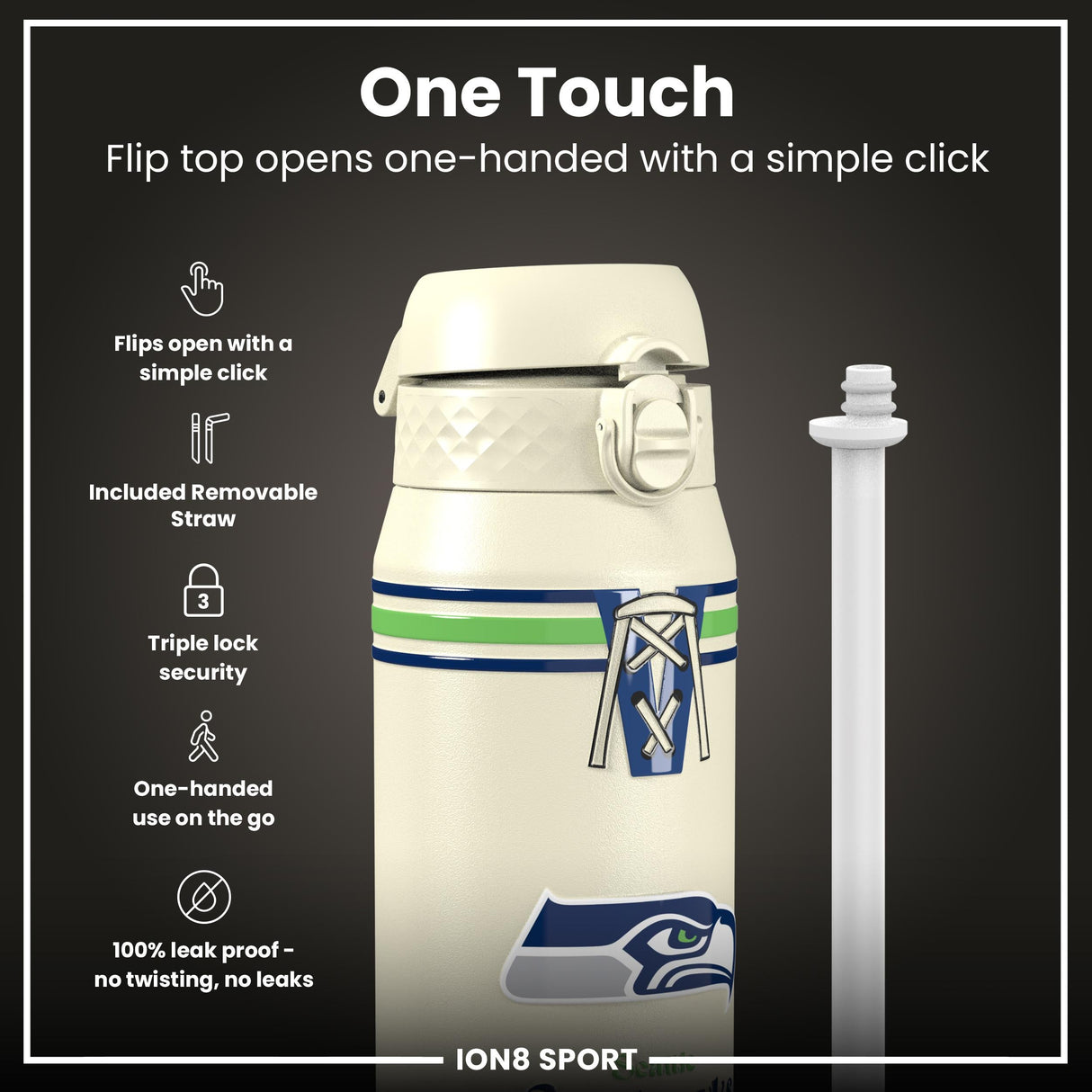 NFL x ION8 Insulated Steel Water Bottle, NFL Seahawks, 750ml (24oz)
