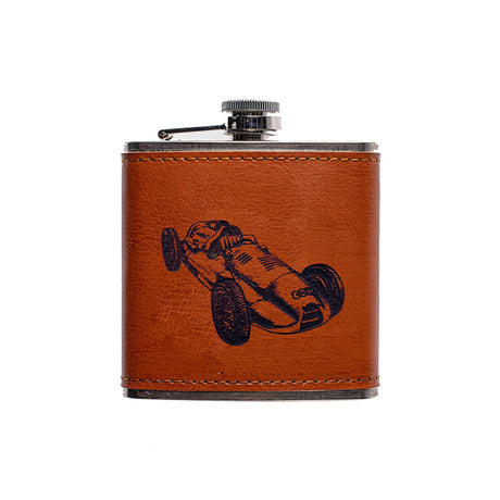 Vintage Racing Car Leather Hip Flask