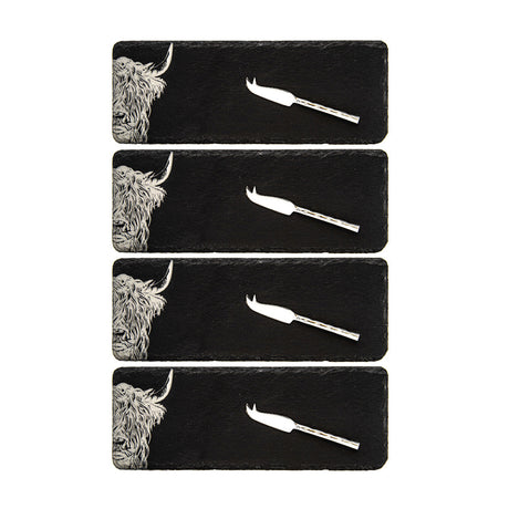 Highland Cow Mini Slate Cheese Board & Knife Sets - Set of 4