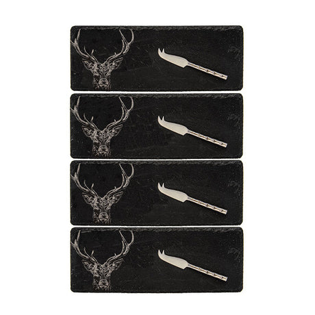 Stag Prince Mini Slate Cheese Board & Knives - Set of 4