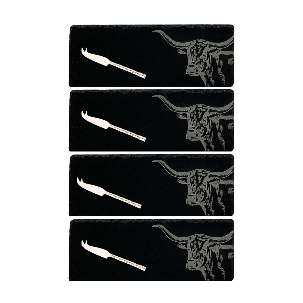 Selbrae House Texas Longhorn Mini Slate Cheese Board & Knife Sets - Set of 4