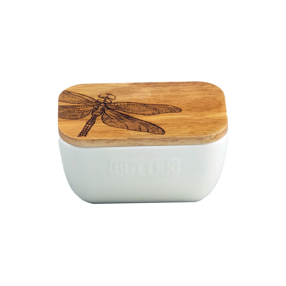 Selbrae House Dragonfly White Ceramic Butter Dish with Oak Lid