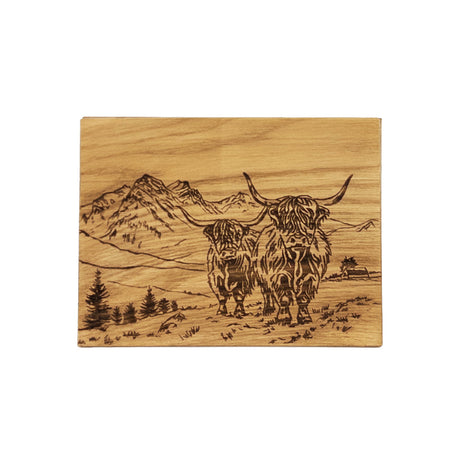Scenic Highland Cow Oak Bar Board