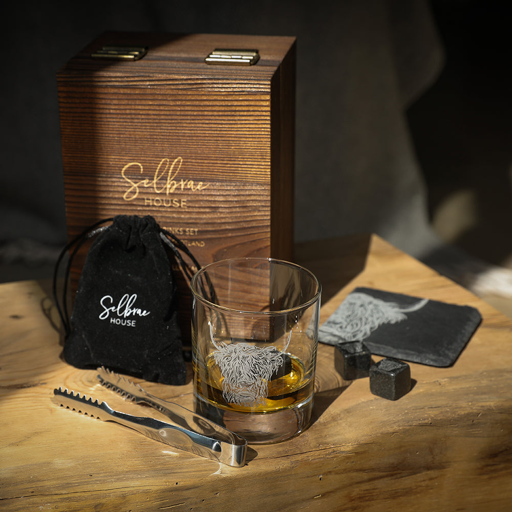 Highland Cow Drinks Set - Whisky Glass, Slate Coaster & Whisky Stones