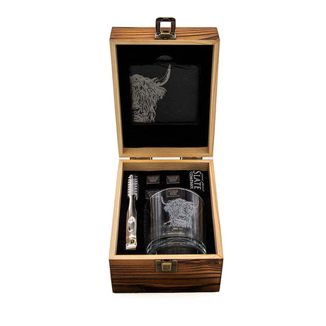 Highland Cow Drinks Set - Whisky Glass, Slate Coaster & Whisky Stones