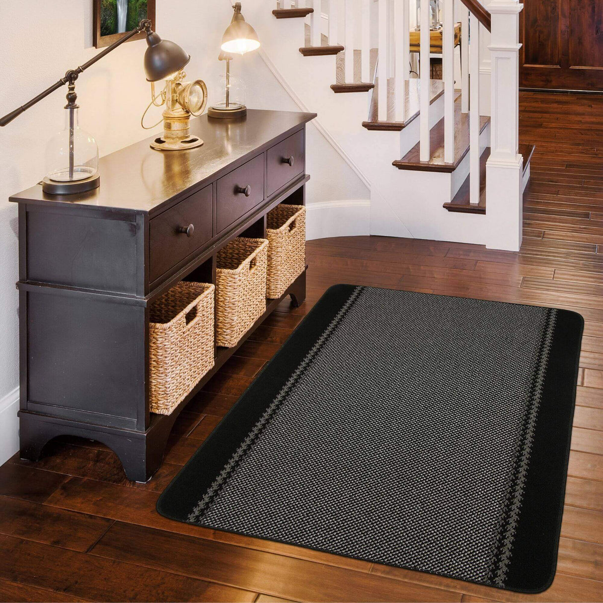 Washable Bordered Black Rug 116BL by The Rugs