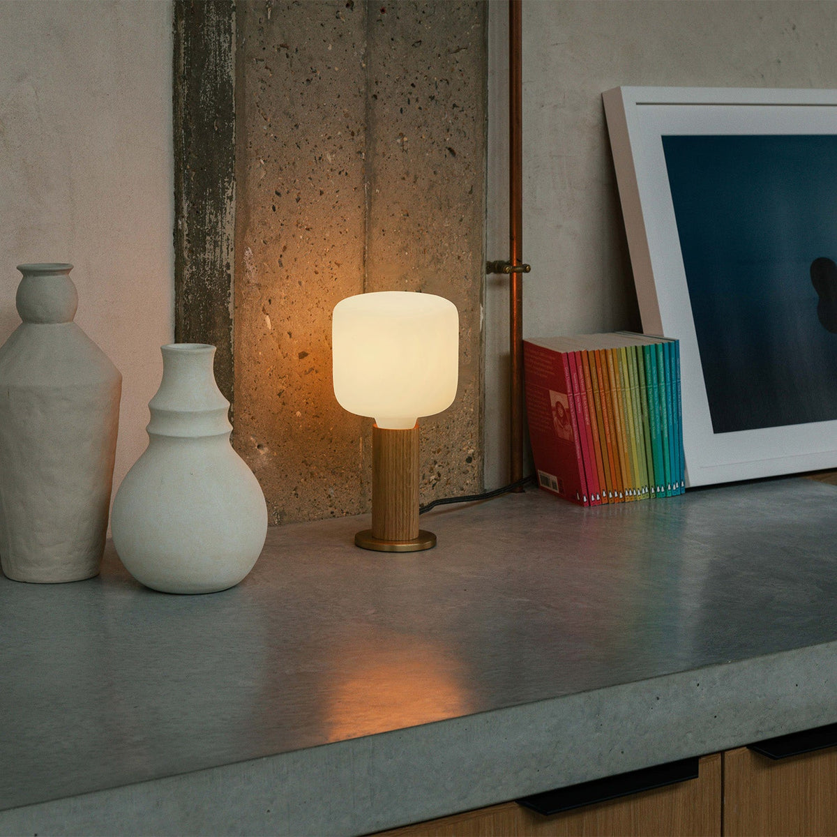 Tala Knuckle Table Lamp in Oak with Oblo Bulb