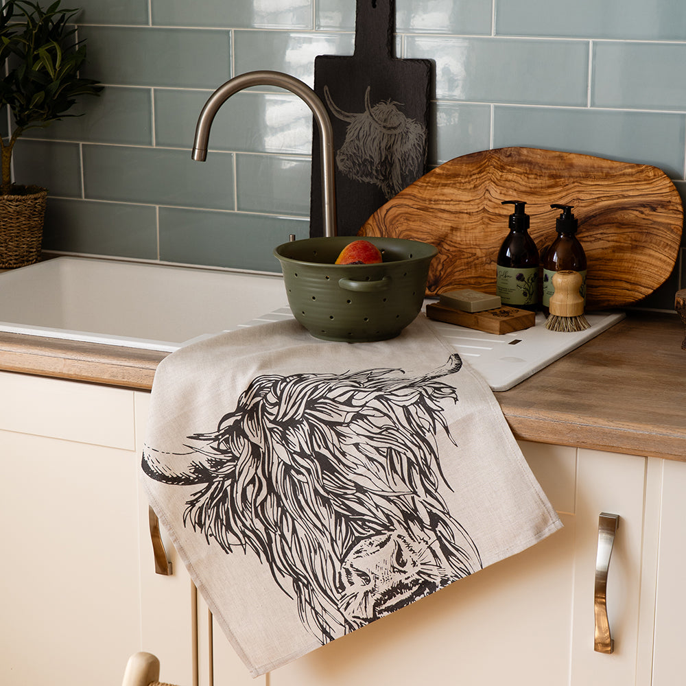 Highland Cow Selbrae House Linen Tea Towel