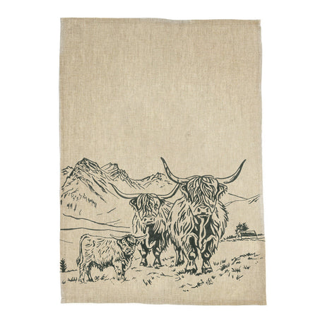 Scenic Highland Cow Linen Tea Towel