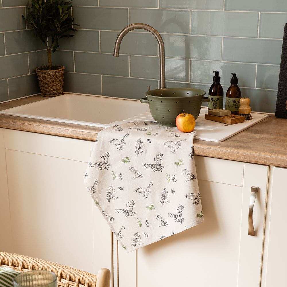 Selbrae House Tawny Owl Repeat Linen Tea Towel