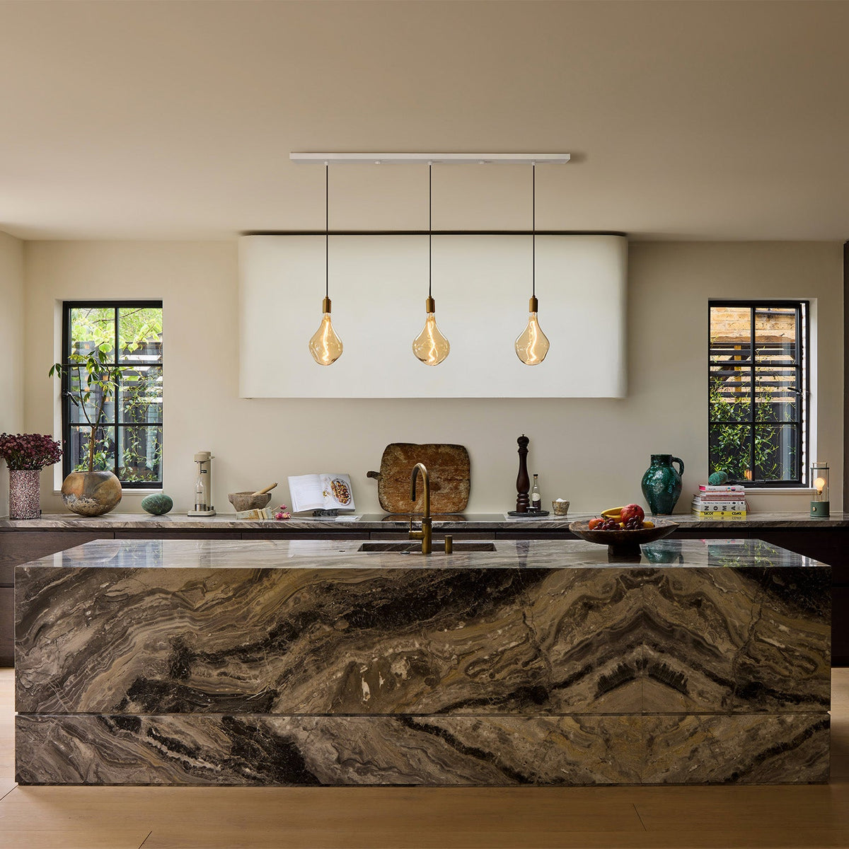 Tala Linear Triple Pendant in Brass with Voronoi II