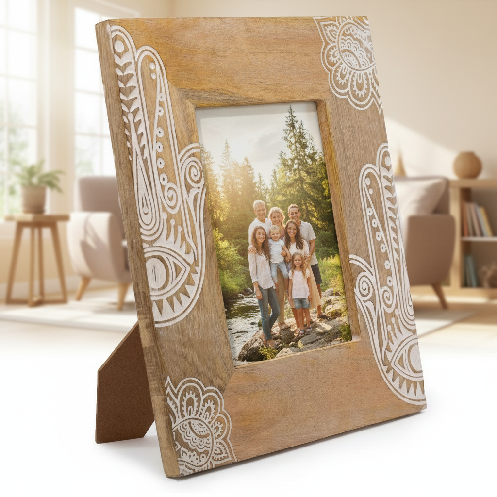 HatiNest Large White Hamsa Mango Wood Photo Frame - 13x18cm