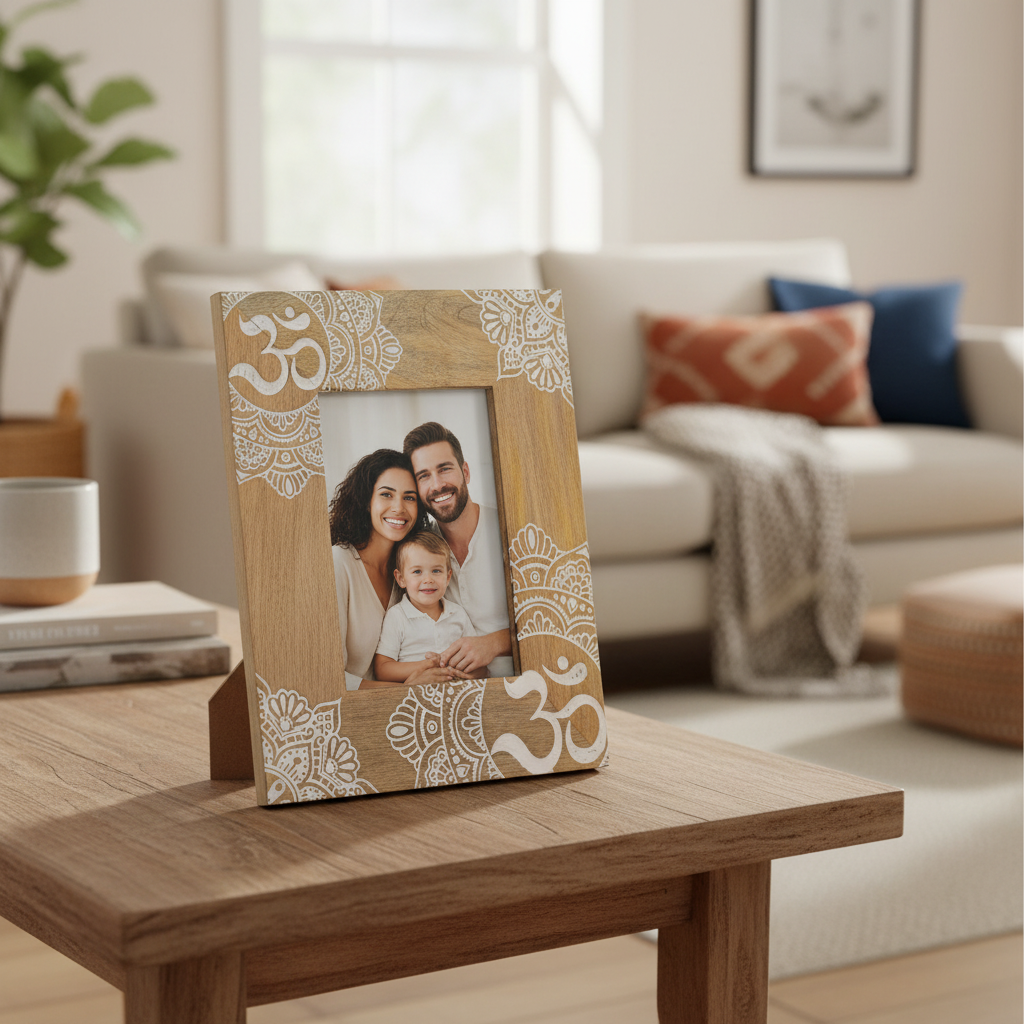 HatiNest Medium White Ohm Mandala Mango Wood Photo Frame - 10x15cm