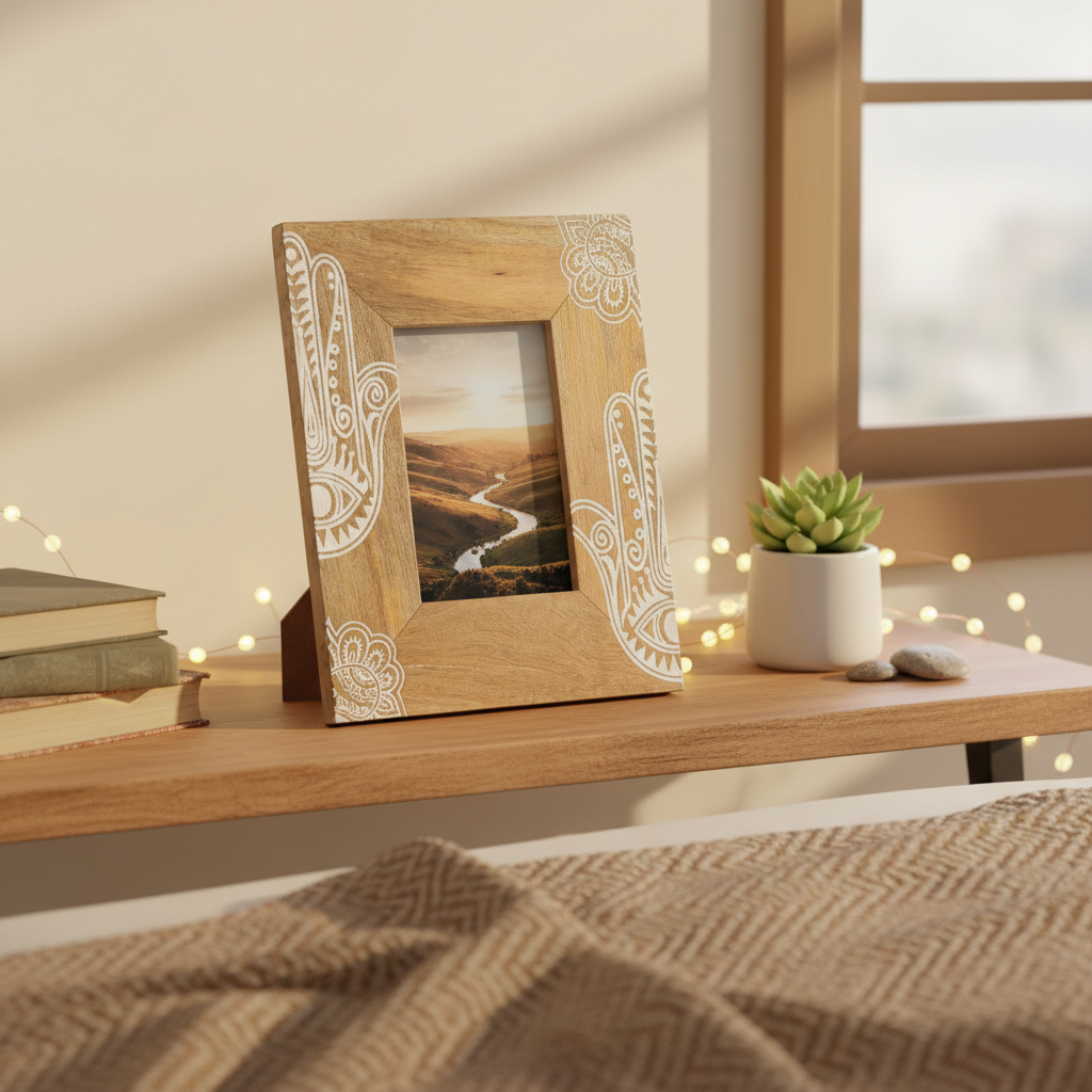 HatiNest Medium White Hamsa Mango Wood Photo Frame - 10x15cm