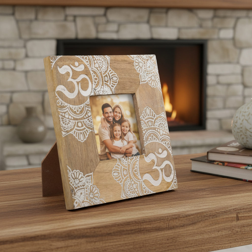 HatiNest Small White Ohm Mandala Mango Wood Photo Frame - 10x10cm