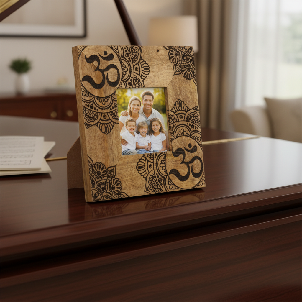 HatiNest Small Black Ohm Mandala Mango Wood Photo Frame - 10x10cm