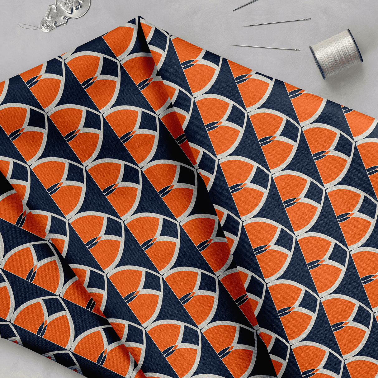 Shadowbright Navy Blue and Orange Geometric Cotton Drill Fabric
