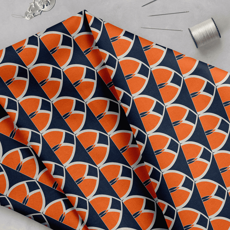 Shadowbright Navy Blue and Orange Geometric Cotton Drill Fabric