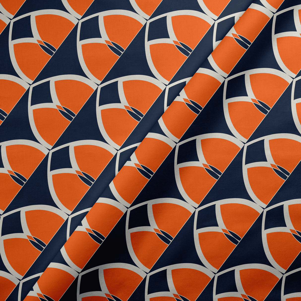 Shadowbright Navy Blue and Orange Geometric Cotton Drill Fabric