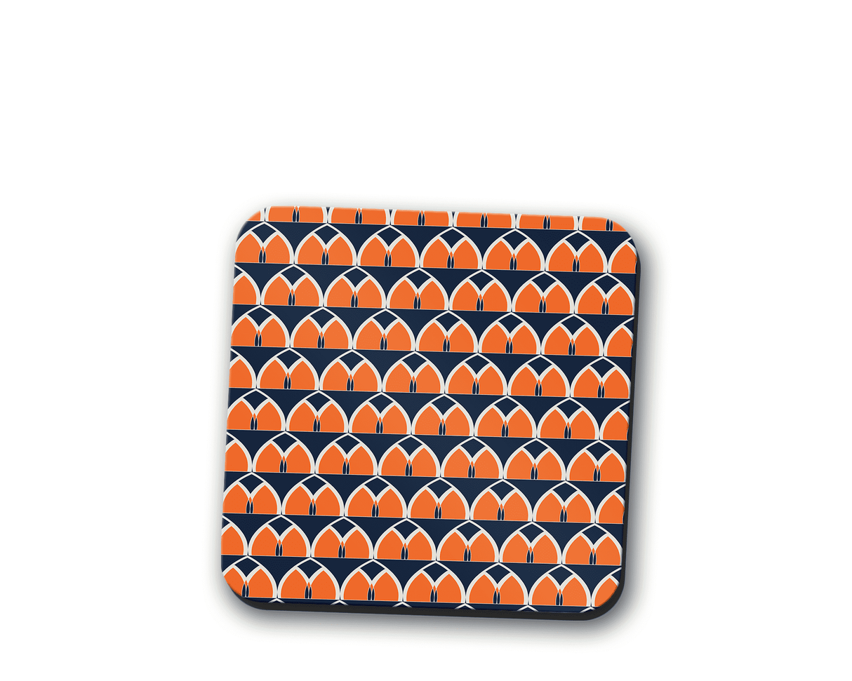 Shadowbright Navy Blue and Orange Retro Geometric Design Coaster - 9cm x 9cm
