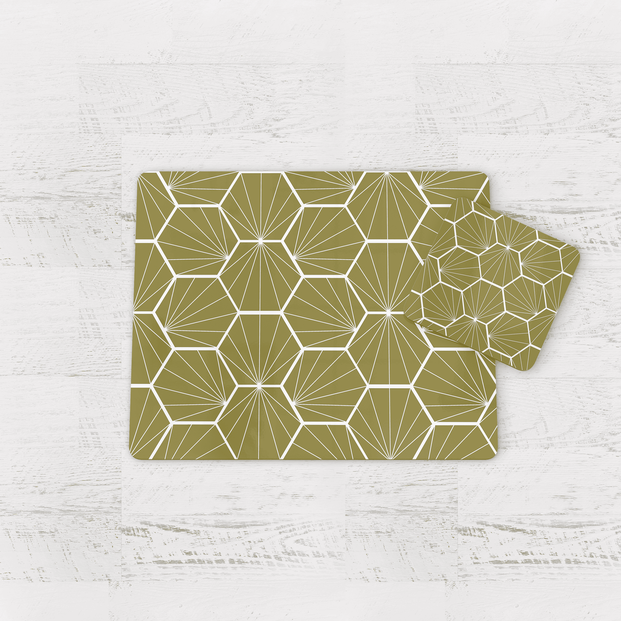 Shadowbright Olive Green Geometric Hexagons Placemats, Set of 4/6
