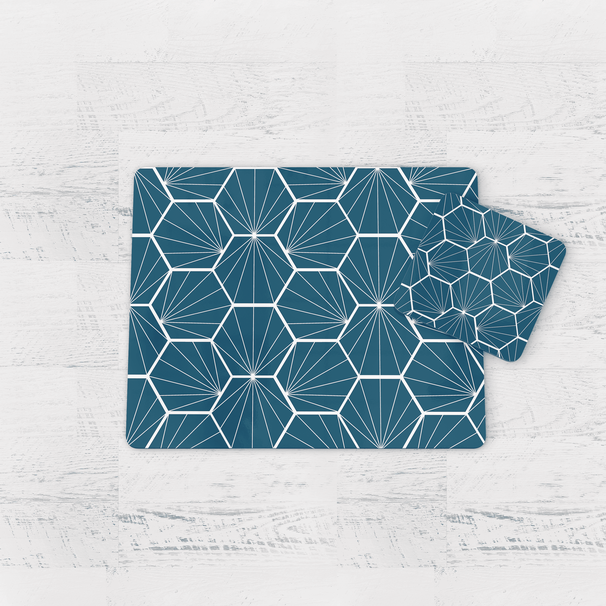 Shadowbright Peacock Blue Geometric Hexagons Placemats, Set of 4/6