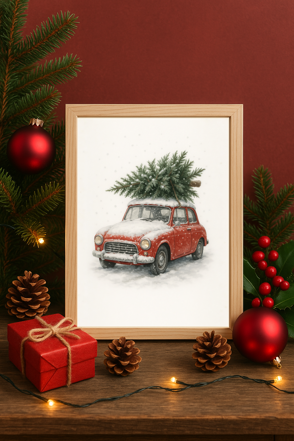 Red Car with Christmas Tree Wall Art