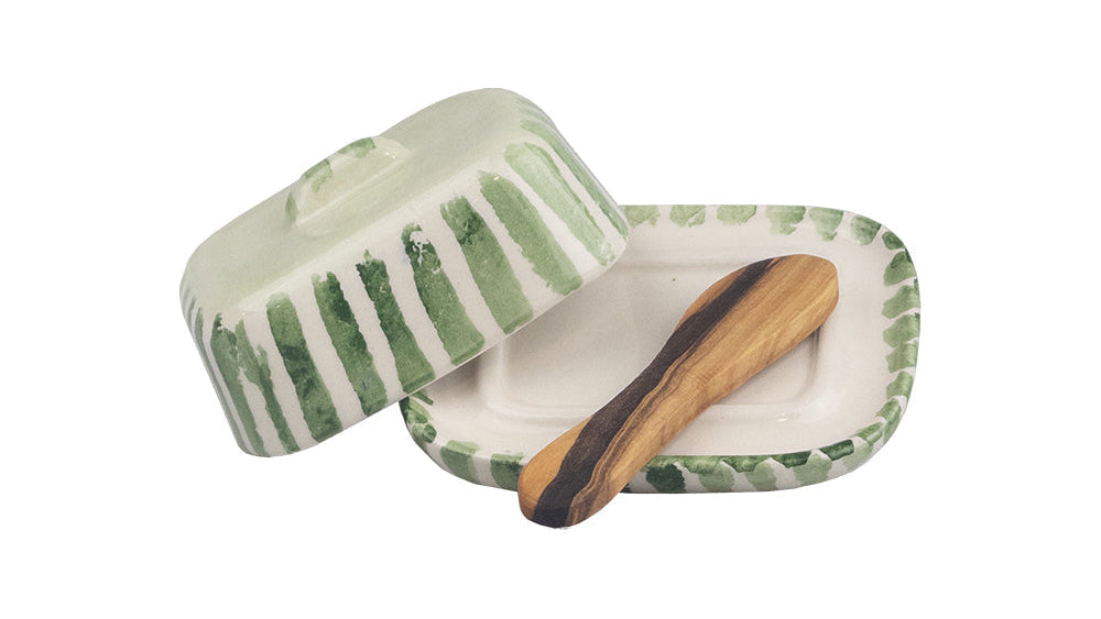 Selbrae House Green Stripe Mini Ceramic Butter Dish & Knife Set