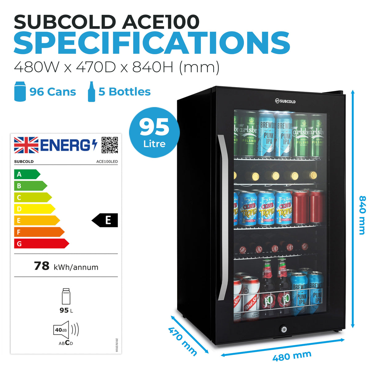 Subcold Ace100 LED Touch Control Beer Fridge - 95L