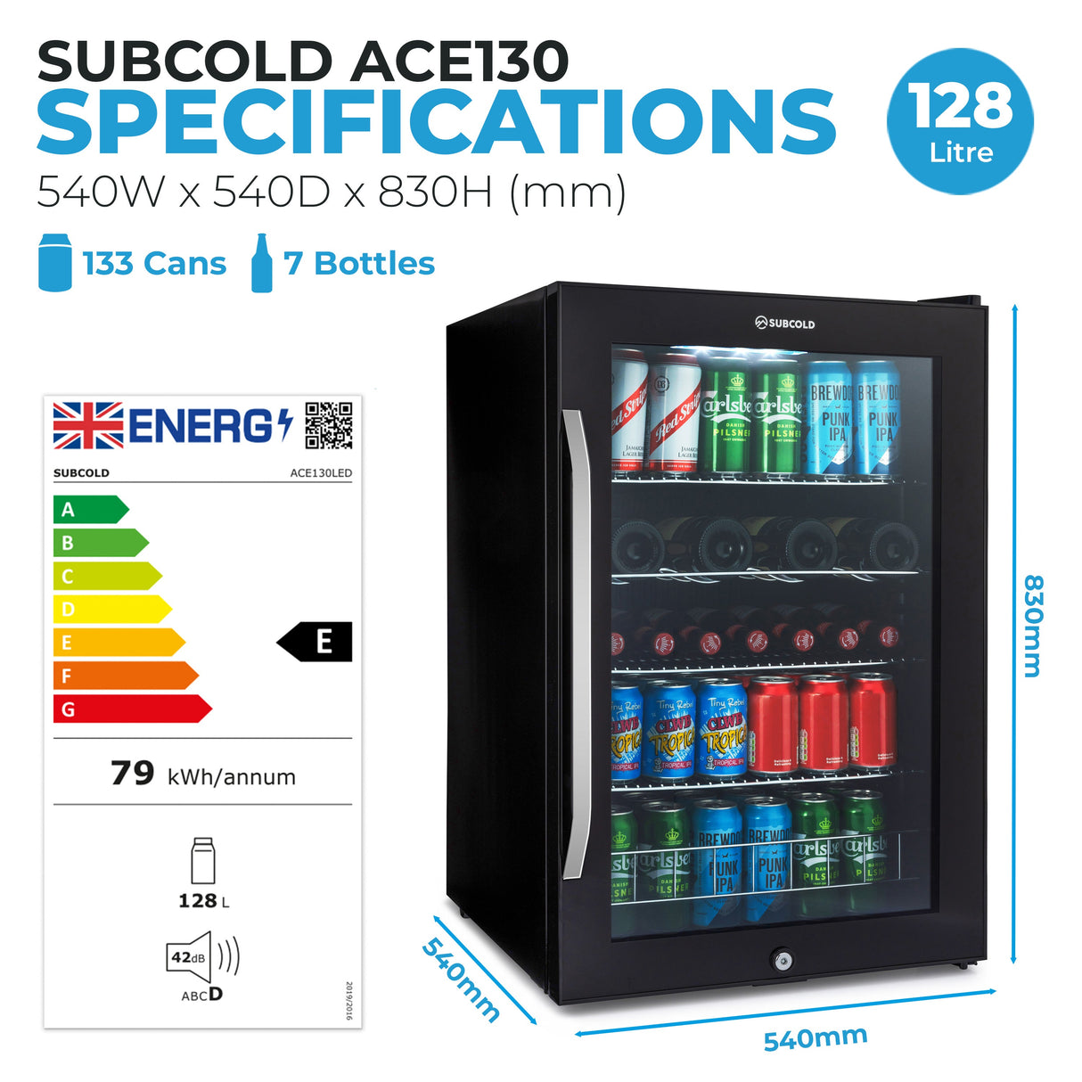 Subcold Ace130 LED Touch Control Beer Fridge | 128L