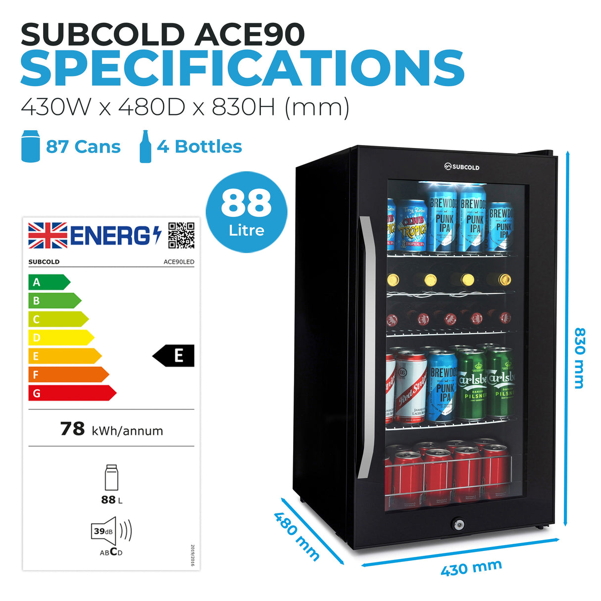 Subcold Ace90 LED Touch Control Beer Fridge | 88L