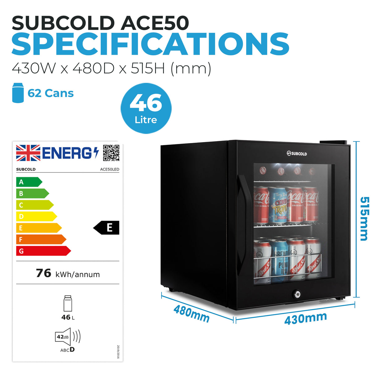 Subcold Ace50 LED Touch Control Beer Fridge - 46L