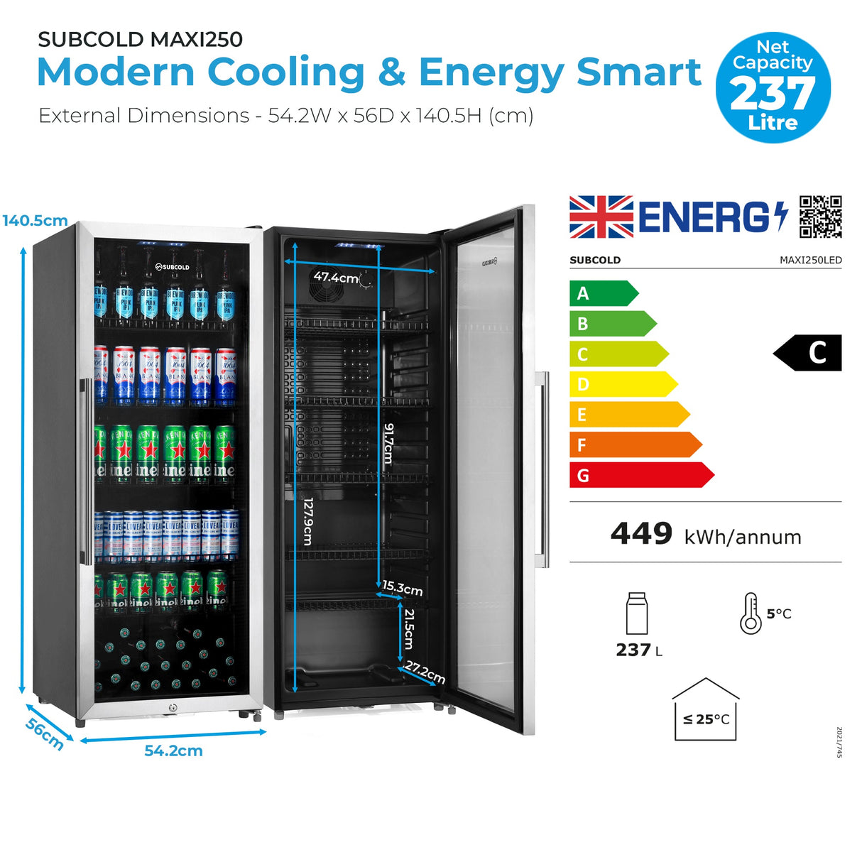 Subcold Maxi250 Tall Drinks Fridge Stainless Steel - 237L
